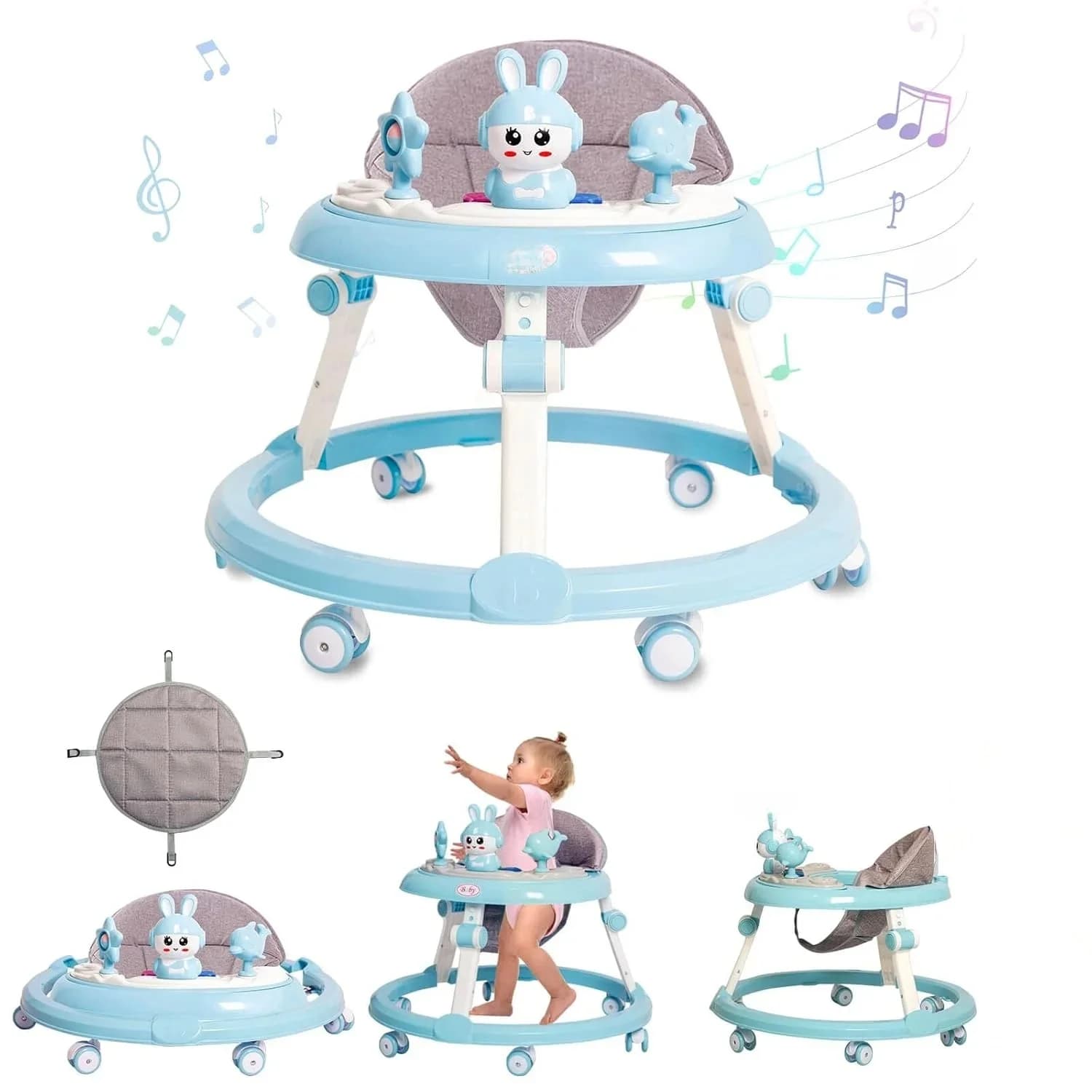 Muzikale loopstoeltje Opvouwbaar Anti-rol 6-wiel rond chassis Baby-activiteiten Walker 6-snelheden Hoogteverstelling Babyrit met speelgoed