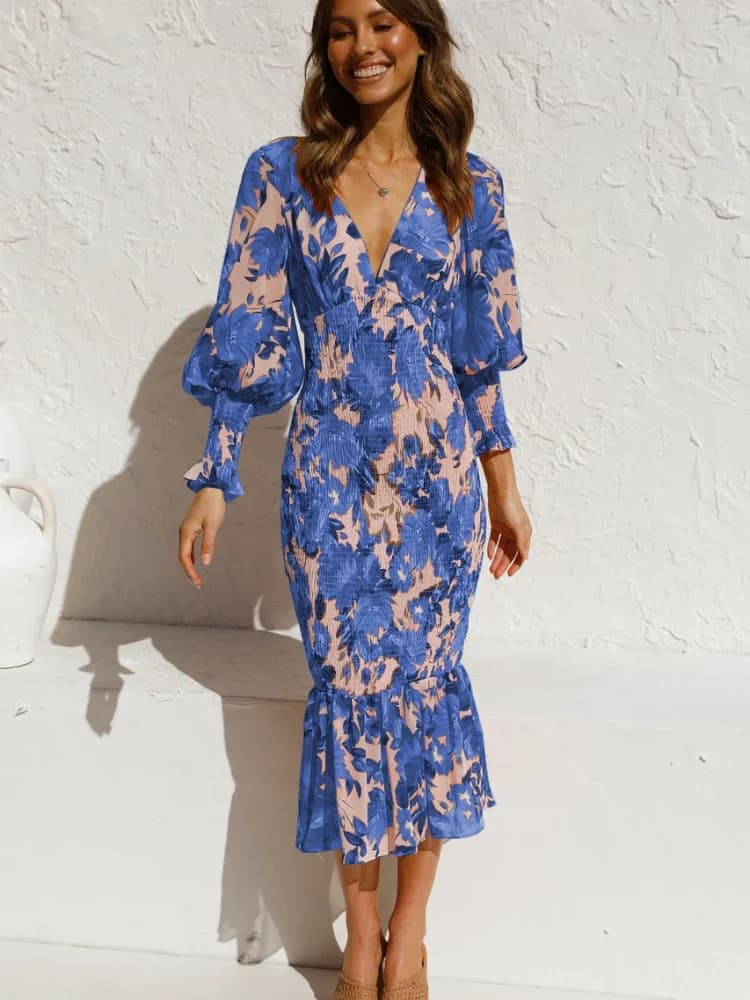 Bloemenprint Lantaarn Lange Mouwen Elastische Midi Vrouwen Jurk Chiffon Sexy Bodycon Ruches Elegant Avond Party Dress Vestidos 2022