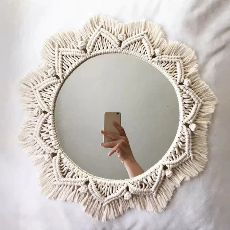 Boho Macrame Ronde Spiegel Decoratieve Spiegels Esthetische Kamer Decor Hangende Wandspiegel voor Slaapkamer Woonkamer Huisdecoratie