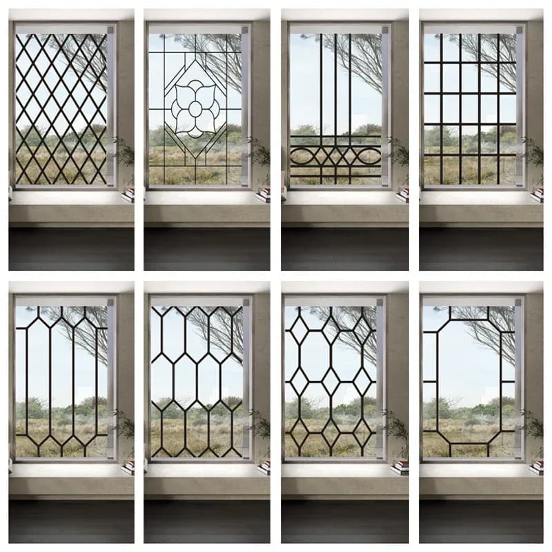 Stained Glass Window Film Transparant Glas Sticker Statische Cling Ijzer Stijl Zwarte Lijn Kantoor Deur Anticollision Home Decor