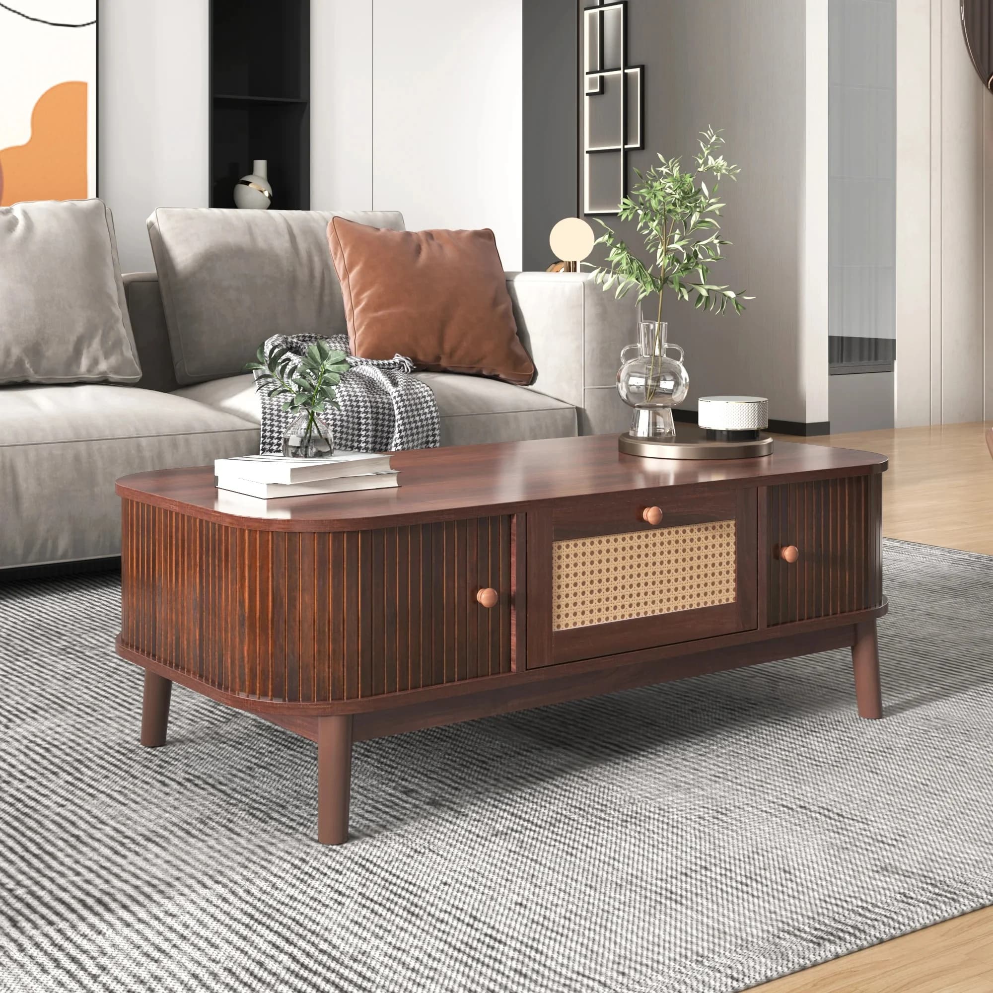Rattan salontafel, salontafel met rattan laden en schuifdeuren met massief houten latten, massief houten poten 110 L x 55B x 38,5H