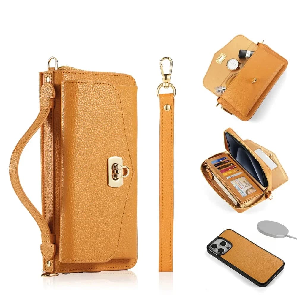 2-in-1 afneembare rits kaart Solt lederen portemonnee-hoes voor iPhone 17 16 Pro Max 13 12 14 15 Plus Crossbody portemonnee handtas cover