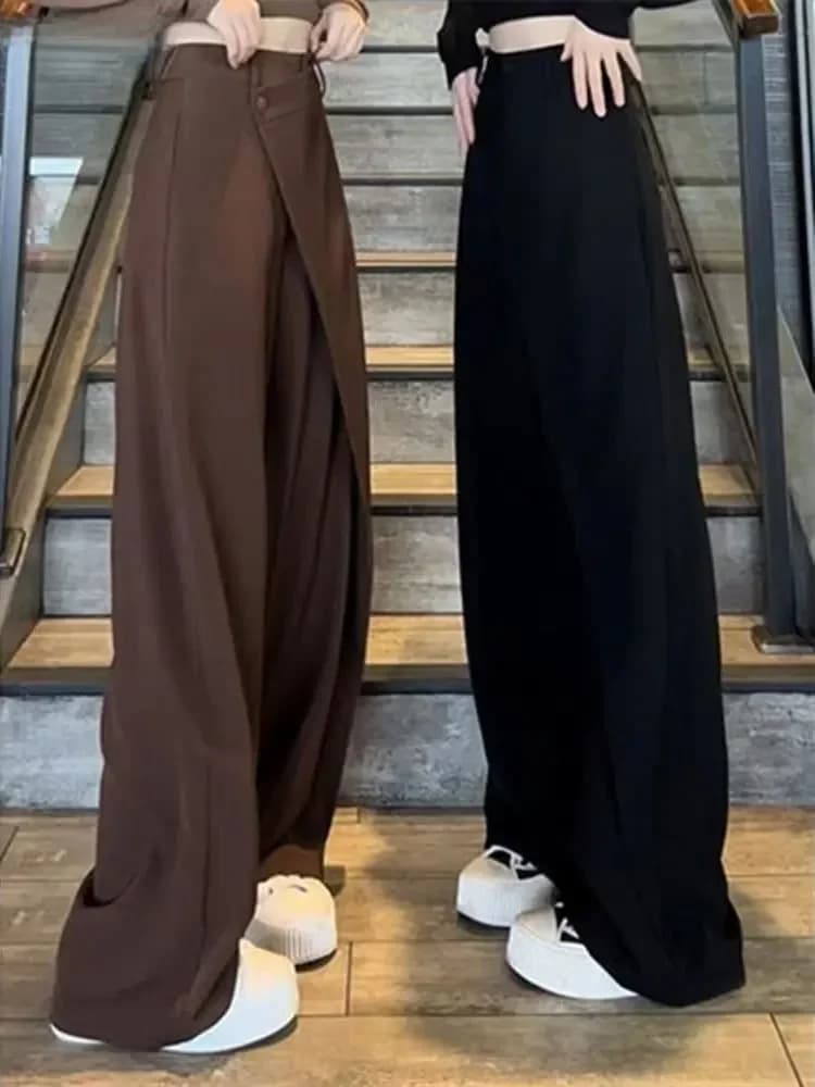 Wijde Pijpen Hoge Taille Broek Vrouwen Asymmetrische Ontworpen Chic Losse Leisure Office Dames Vrouwelijke Broek Koreaanse Nieuwkomers Lente