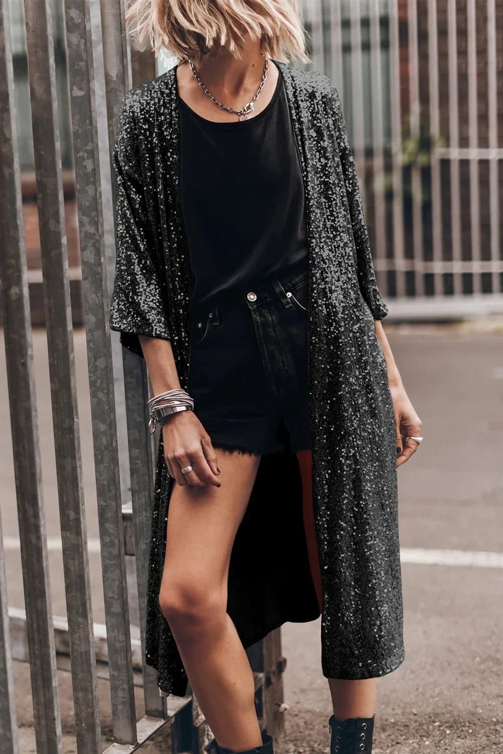 Abrikozen 3/4 Mouw Open Voorkant Duster Kimono Jasje Voor Dames Herfst Lange Mouw Jeans Jas Jassen