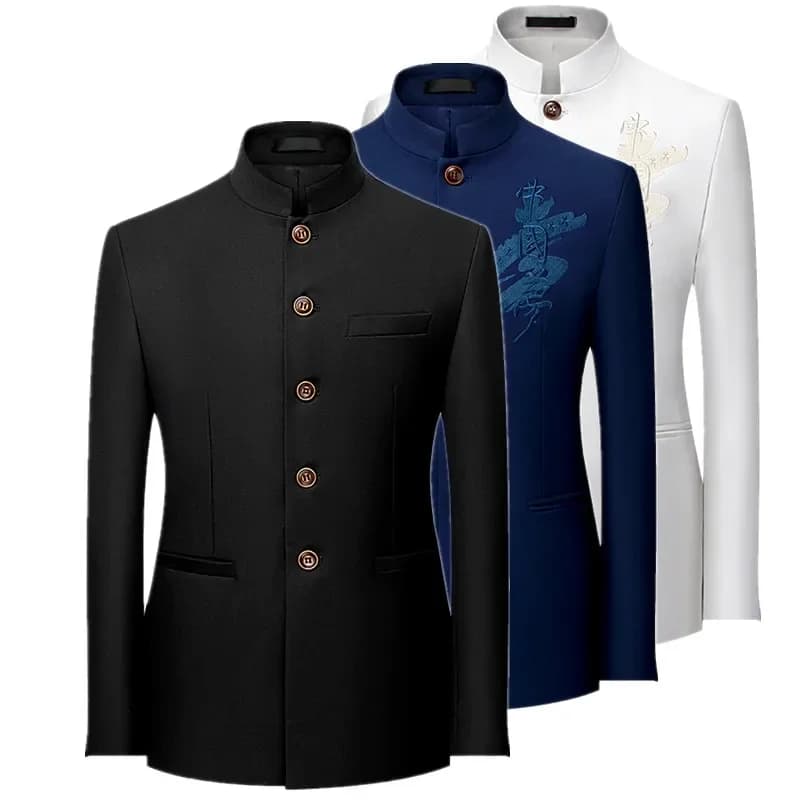 Zwart colbert voor heren in Chinese stijl, slim-fit blazers met opstaande kraag in Aziatische maat, wit, rood, blauw en geel zijn beschikbaar.