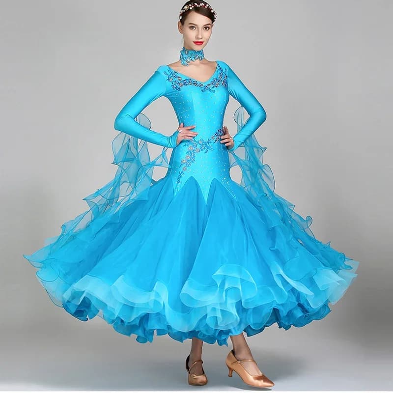 10 Kleuren Kostuums Ballroom Dans Jurk Voor Vrouwen Concurrentie Jurken Standaard Dansen Kleding Lange Mouwen