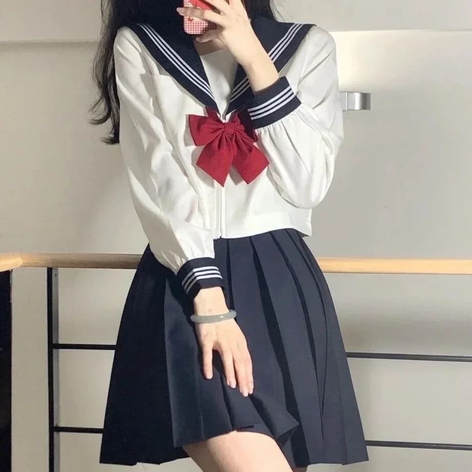 Japanse Schooluniform Meisje Jk Pak Sexy Lente en Herfst Rode Stropdas Witte Drie Basic Matrozenuniform Vrouwen Pak met lange mouwen