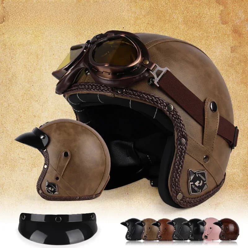 UCHOOSE Retro Motorhelm PU Leer Open Gezicht 3/4 Chopper Fietshelmen Klassieke Casco Moto Vintage