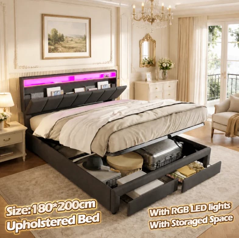 180x200 bed met opbergruimte en 2 laden, 180x200 cm hydraulisch bed met LED, gestoffeerde tweepersoonsbedden met opbergruimte, lattenbodem en