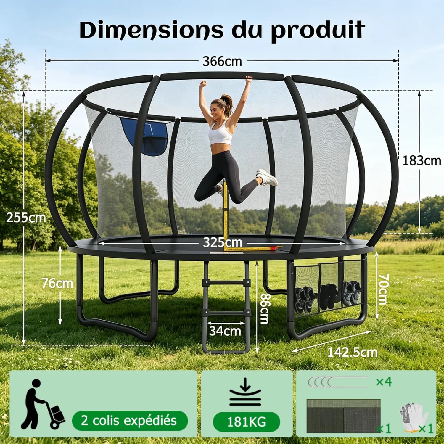 Mihtrov Buitentrampoline voor kinderen 12FT buiten Ø cm maximale capaciteit 181kg familie buiten Buitenspeeltrampoline met veiligheidsnet