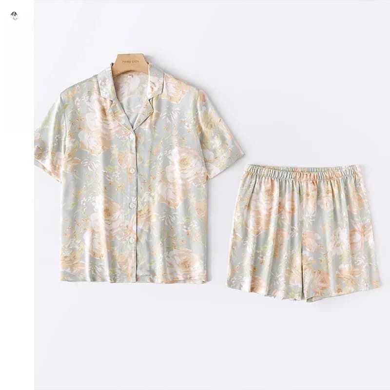 2021 Nieuwe Korte Mouwen Shorts Vest Cartoon Pyjama Set Vrouwen Turn-Down Kraag Viscose Print Tweedelige Set zomer Thuis Pak