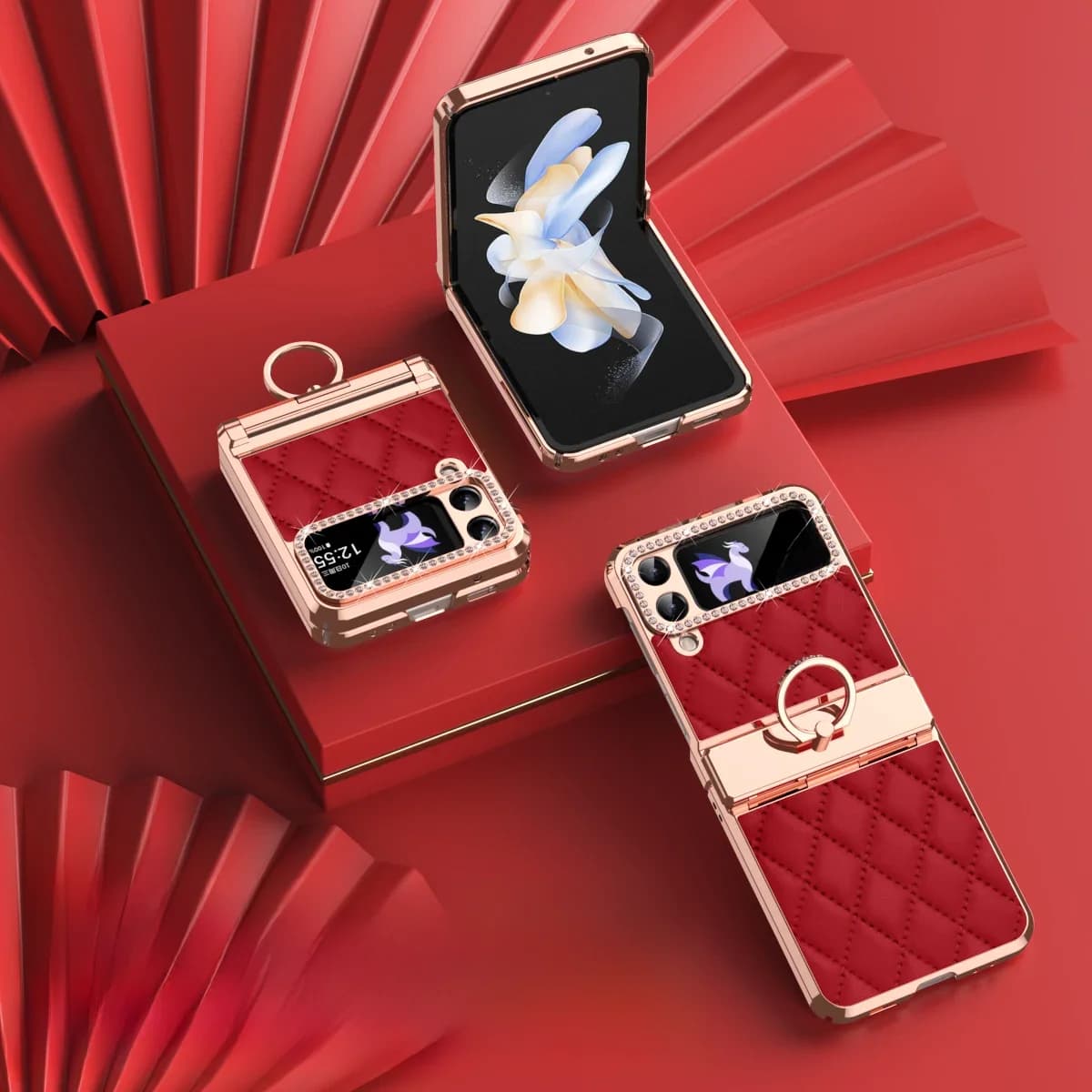 Voor Samsung Galaxy Z Flip 4 3 Case Luxe Pu Lederen Hard Pc Gegalvaniseerde Frame Bescherming Schokbestendige Cover Ring Houder