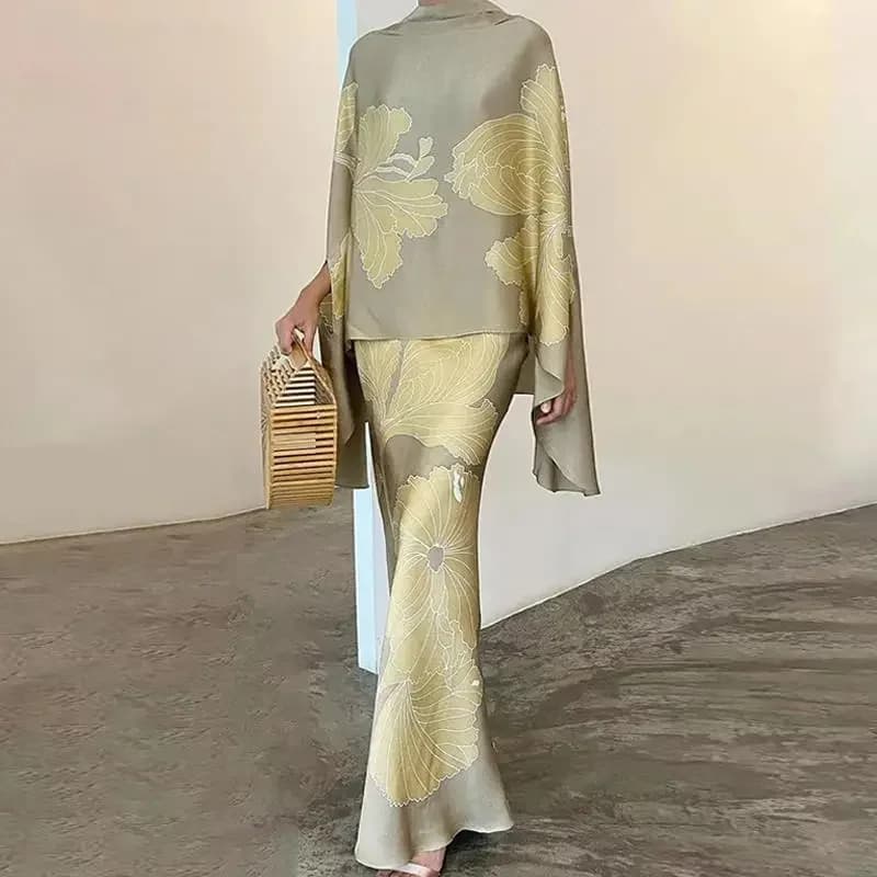High Fashion Woon-werkverkeer Satijnen Set Elegante Batwing Mouw Tops Blouse & Slanke Lange Rok Outfits Vrouwen Casual Losse Tweedelige Pakken