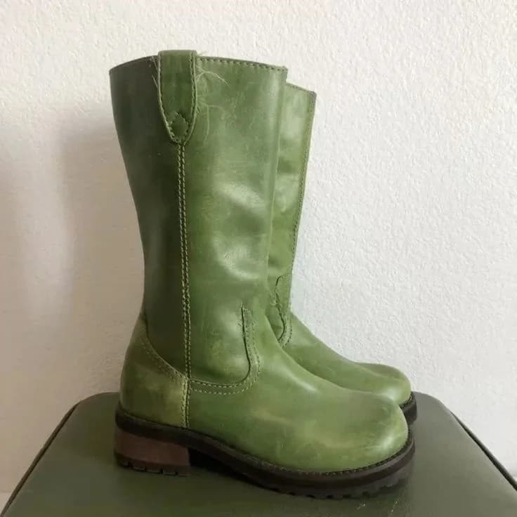Dame Vintage Groene Stijl Punk Dikke Hak Laarzen Schoeisel Spiegel PU Zwart Groen Zijrits Knielaarzen Causaal Nieuw Aankomst Maat 34-46