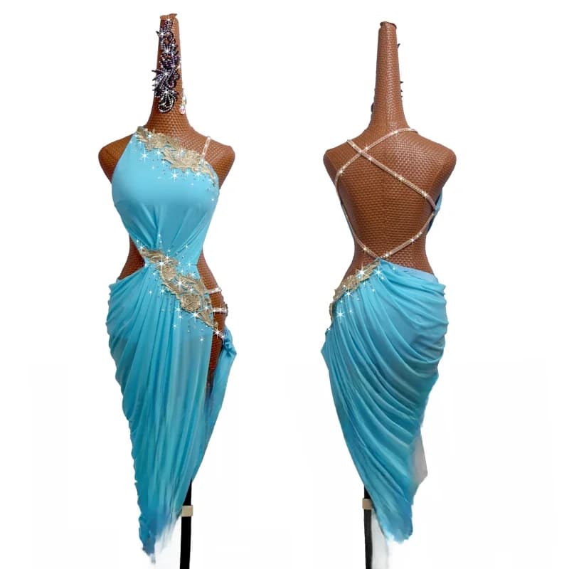 Nieuwe Latin danswedstrijd Prestaties Volwassen Custom Lake Blue Korte Goud Geborduurde Dansjurk