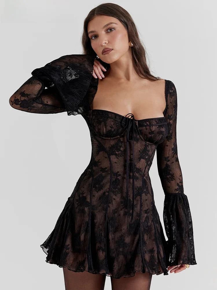 JULISSA MO Dames Elegante Lac-up Vierkante Hals Patchwork Lange Mouw Mini Jurk Vrouwen Sexy 2024 Mode Sexy Backless Slanke outfits