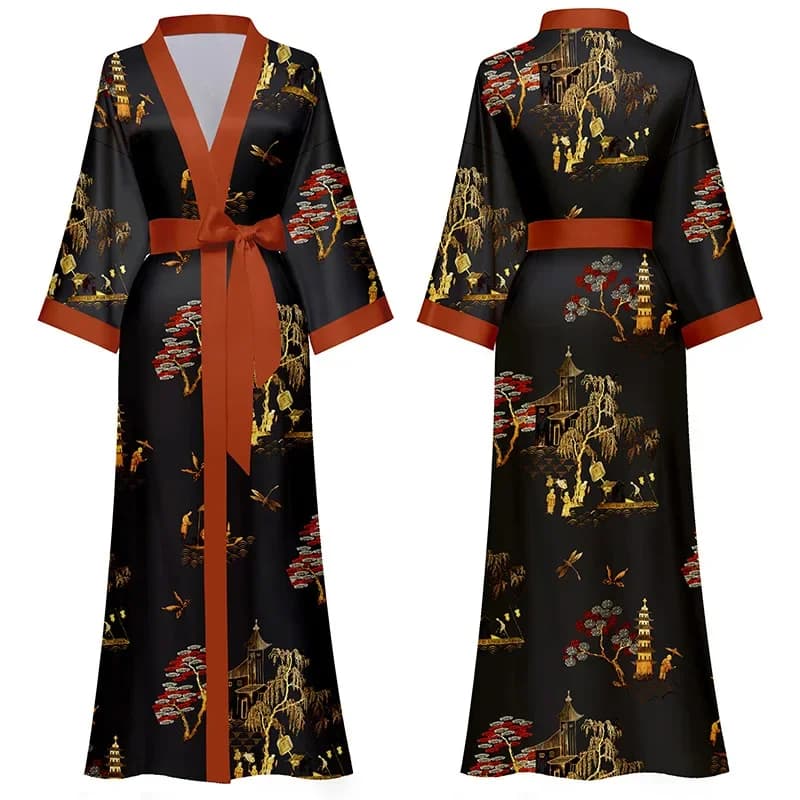 Nieuwe Lente Zomer Vrouwen Lange Robe Kimono Badjas Gown Sexy Black Print Nachtkleding Nachtjapon Casual Half Mouw Satijnen Thuis Jurk