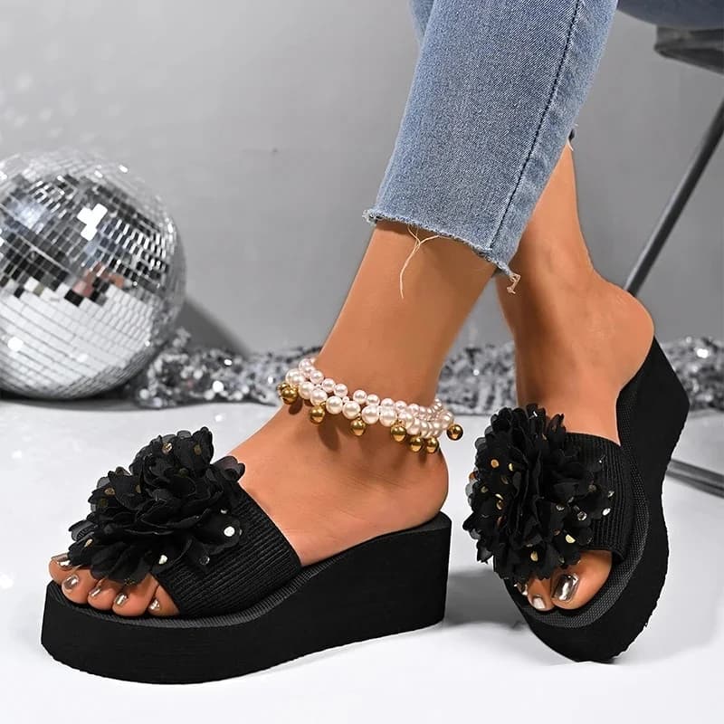 Mode Bloem Ontwerp Wig Slippers Vrouwen Zomer Pailletten Zwart Platform Slides Vrouwelijke Stijlvolle Antislip Hoge Hak Sandalen Mujer