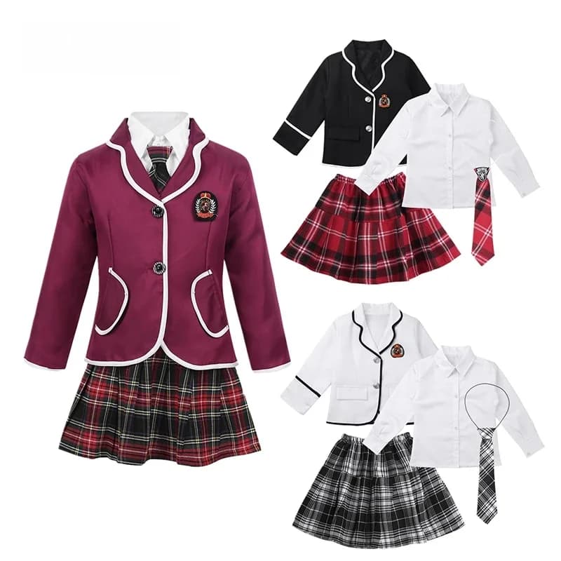 Kinderen Meisjes Britse Stijl Schooluniformen Student Cosplay Anime Kostuum Pak Lange Mouw Jas Met Shirt Stropdas Mini Rok Set 4 stuks