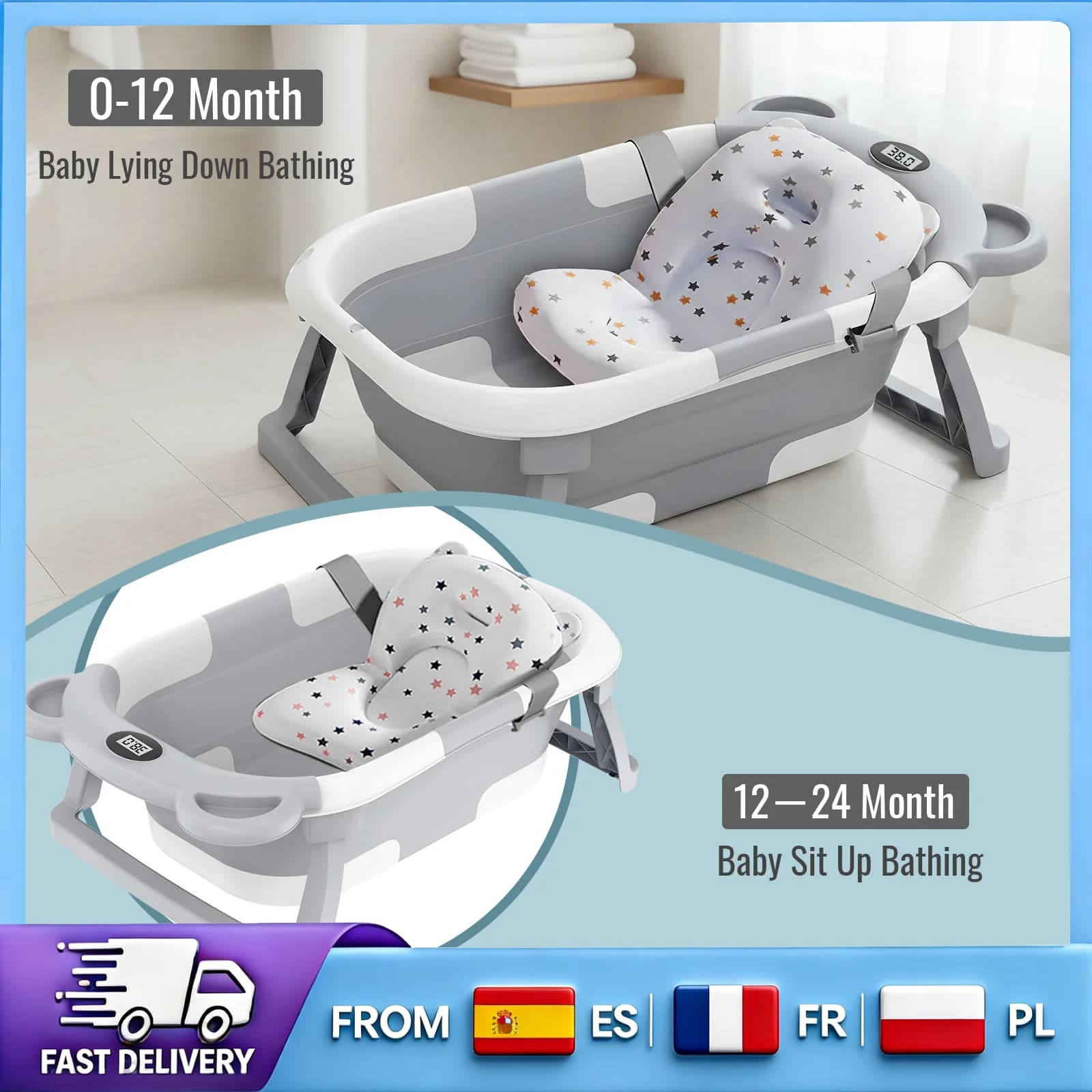 Opvouwbaar babybadje met ingebouwde thermometer, van veilig PP TPE materiaal, antislip, voor thuis en onderweg