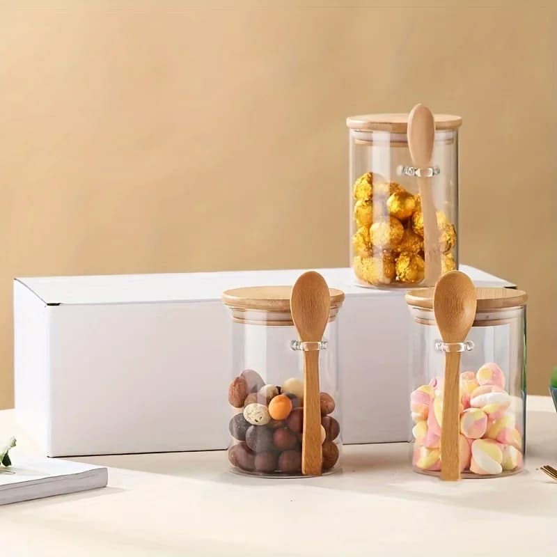 280 ml snoeppot, koekjespot, glazen voorraadpot met verzegeld bamboe deksel en lepel - 10 oz transparant glazen bulk voedselopslagpot