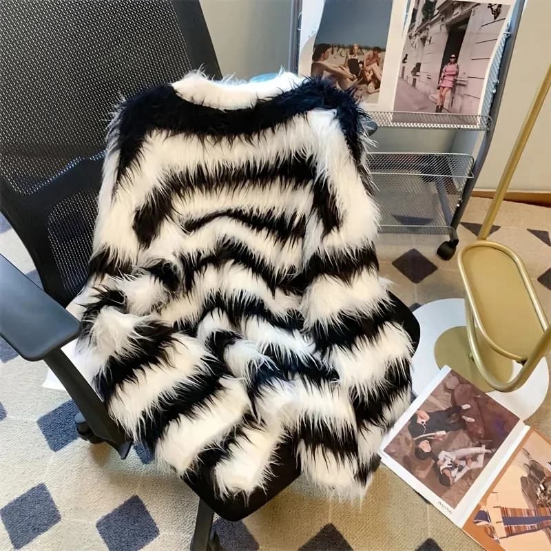 Kleur Contrast Zwart Wit Strepen Imitatie Nertswollen Trui Lang Haar Trui Vrouwen Herfst Winter Luie Wind Gebreide Warme Top