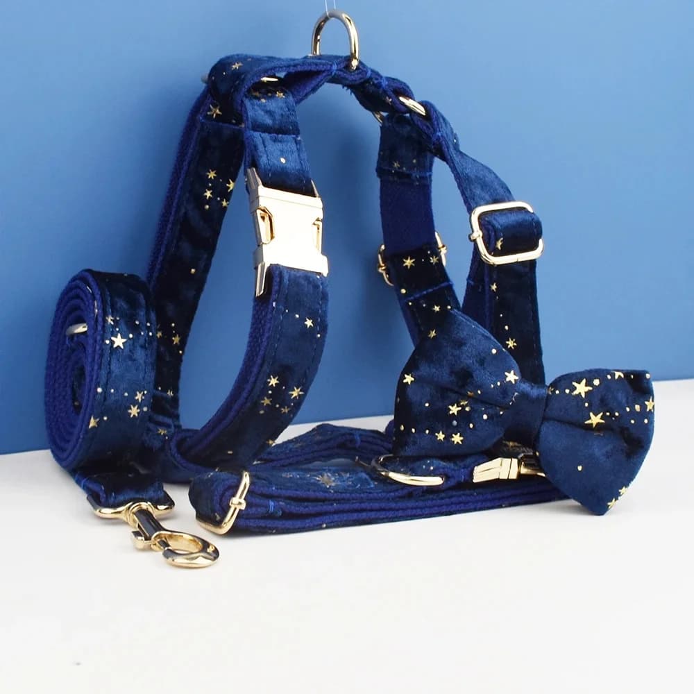 Luxe Mode Pet Accessoires Custom Design Logo Zwarte Bodem Bloem Sublimatie Hond Kraag Riemen Harnas Boog Set Star01