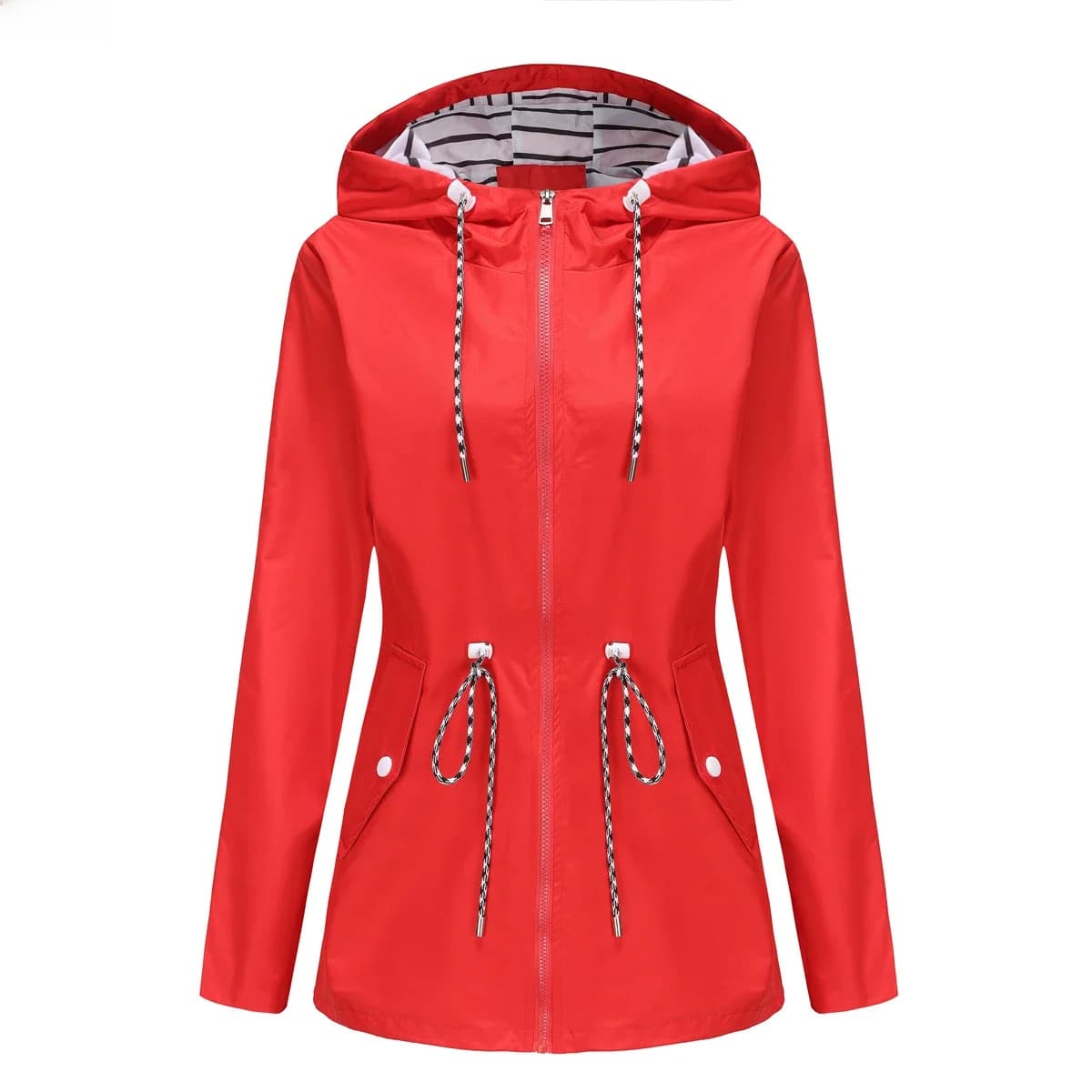 Rood waterdicht jack met capuchon, damesmode casual jas, taille trekkoord stropdas rits schakelaar blauw groen geel zwart windjack