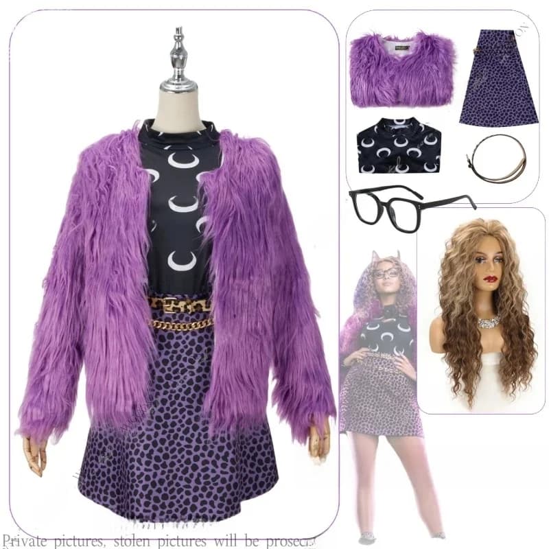 Clawdeen Wolf Monster Cosplay Kostuum Pak Vrouwelijke Cosplay Jurk Halloween Kostuums Outfit Hoge Paarse Pak Pruik Bril Rollenspel