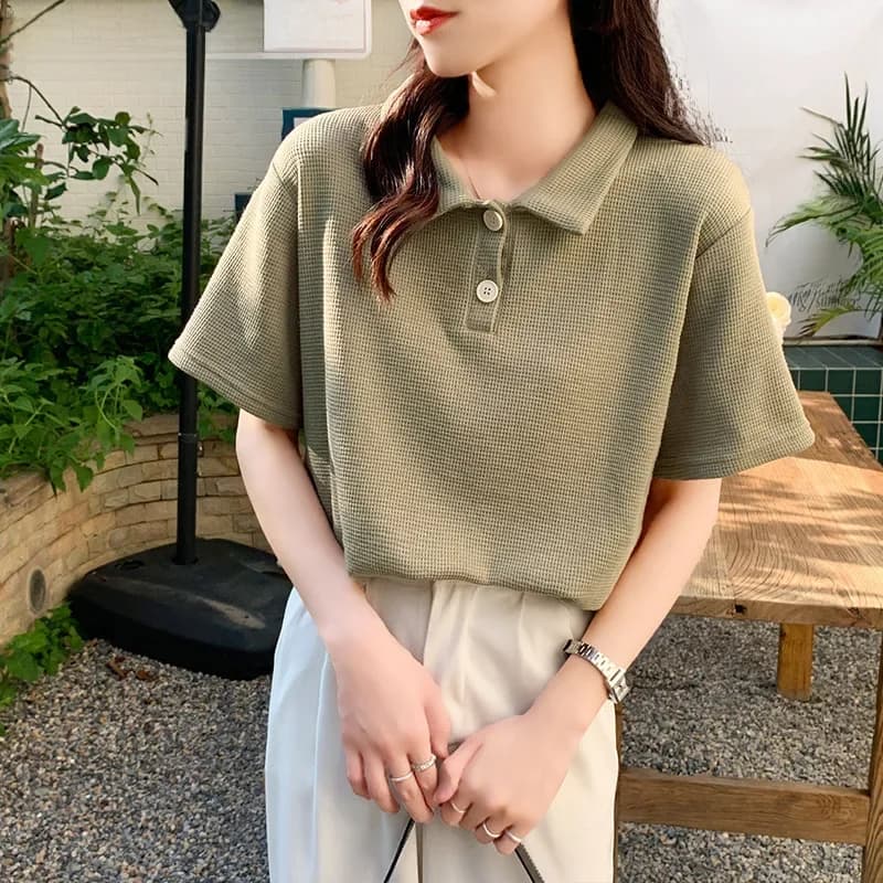 QOERLIN Matcha Groene Wafel Korte Mouw T-shirt Vrouwen Zomer Losse Top Casual Shirts Zomer Polo Golf Vrouw Blouses 2025