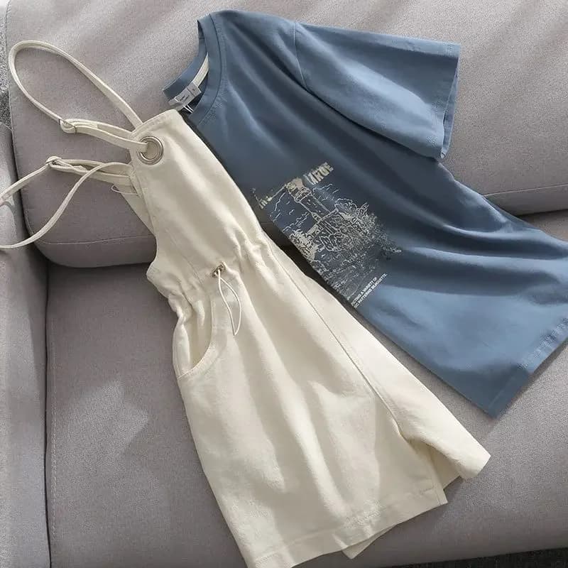 Zomer Koreaanse Mode Gestreepte T-shirt Overalls Set Voor Vrouwen Koreaanse Leisure Joker Meisjes Student Hoge Taille Shorts Kleding Sets