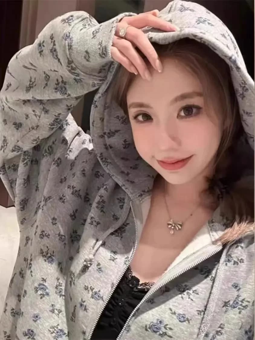Koreaanse Sweet College Vrouwen Sweatshirt Leuke Roze Bloem Volledige Print Hoodies Rits Jas Losse Oversized Herfst Lange Mouw Tops