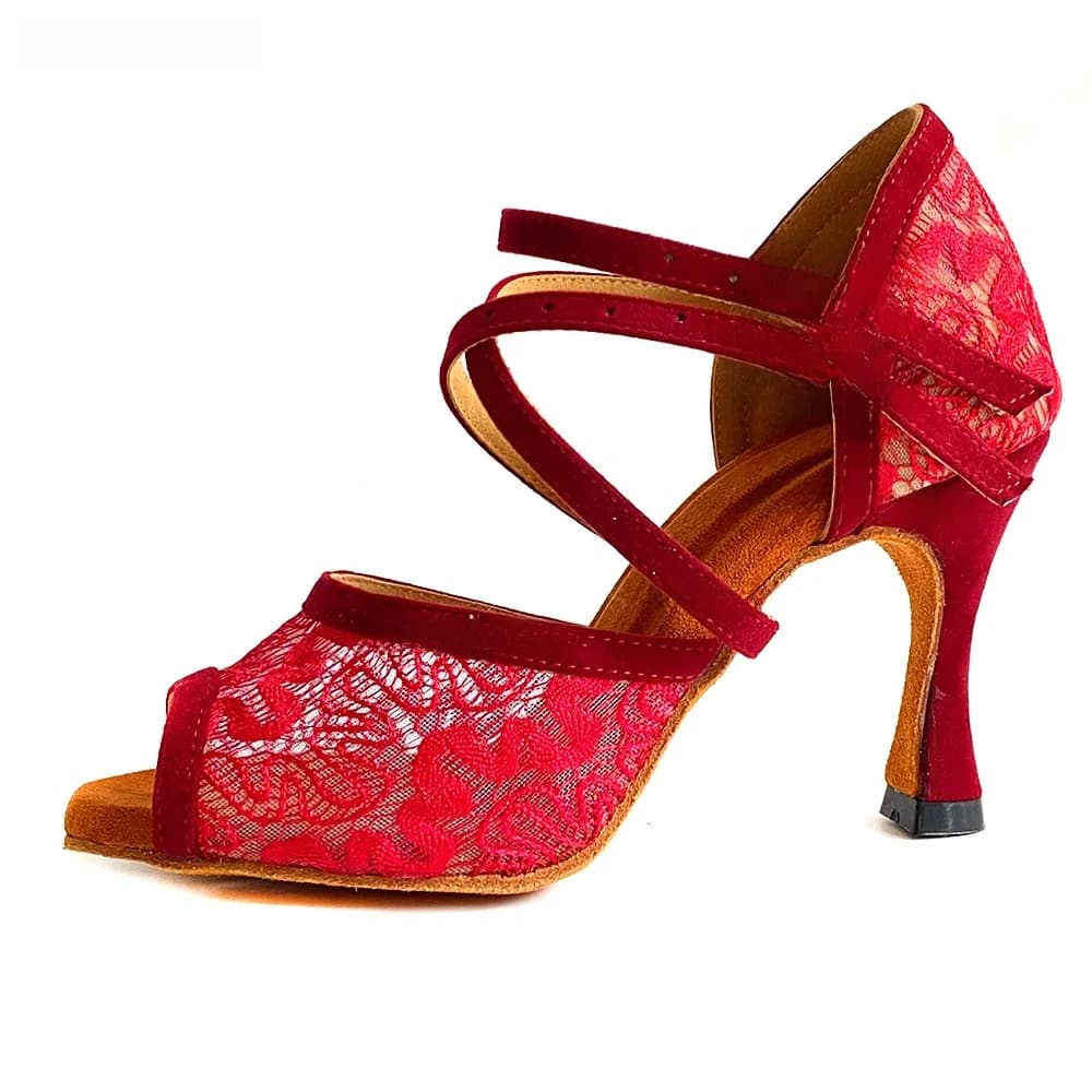 Rode Salsa Dansen Schoenen Suède Zool Gebruik Indoor Aangepaste Kleur Dance Party Latin Ballroom Sociale Schoenen Voor Meisjes En Vrouwen