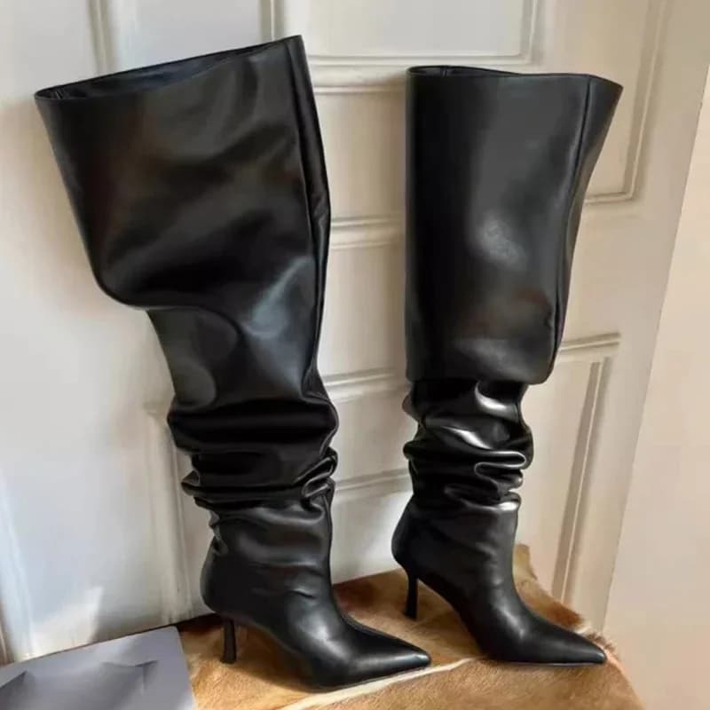 2024 Stijl Mode Puntige Neus Laarzen Geplooid Over De Knie Laarzen Dames Brede Cowboylaarzen Voor Dames