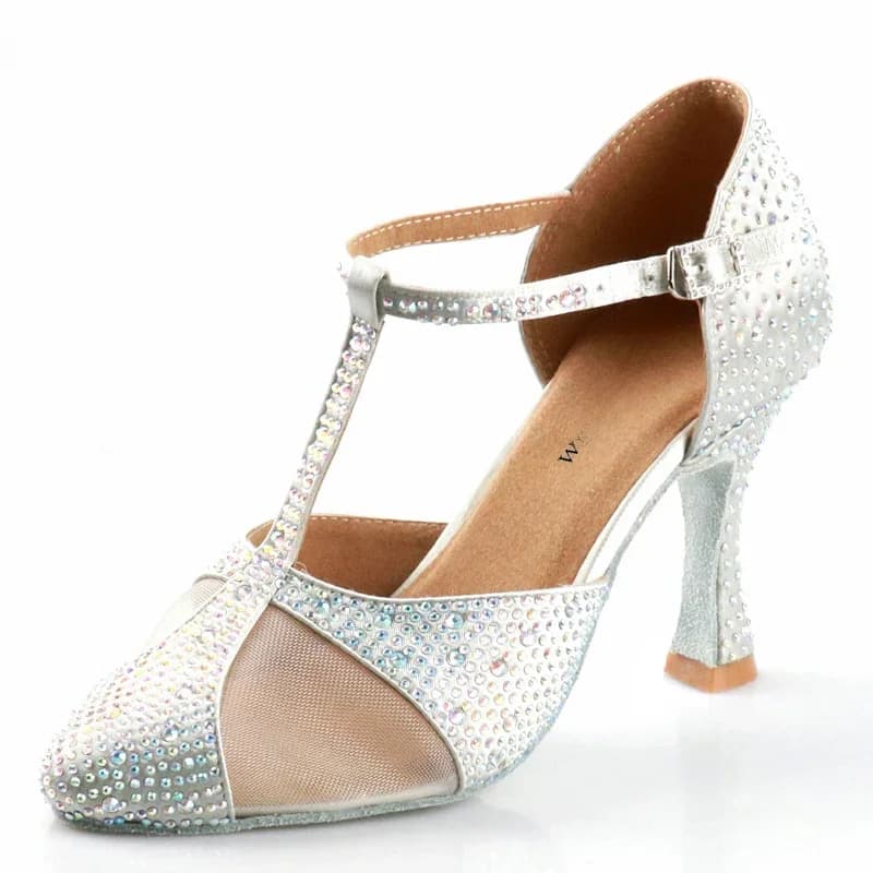 Wuxijiao Zilveren Zijde Satijn Strass Moderne Dansschoenen Latin Dans Schoenen Bruiloft Schoenen Baotou Rhinestone Designarty