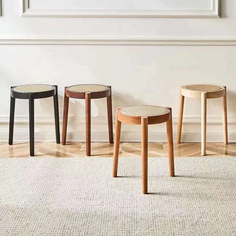 Noordse massief houten rotan geweven ronde kruk Make-up lage kruk Luxe rotan kleine kruk Schoenwisselkruk Hal Ottomaanse kruk