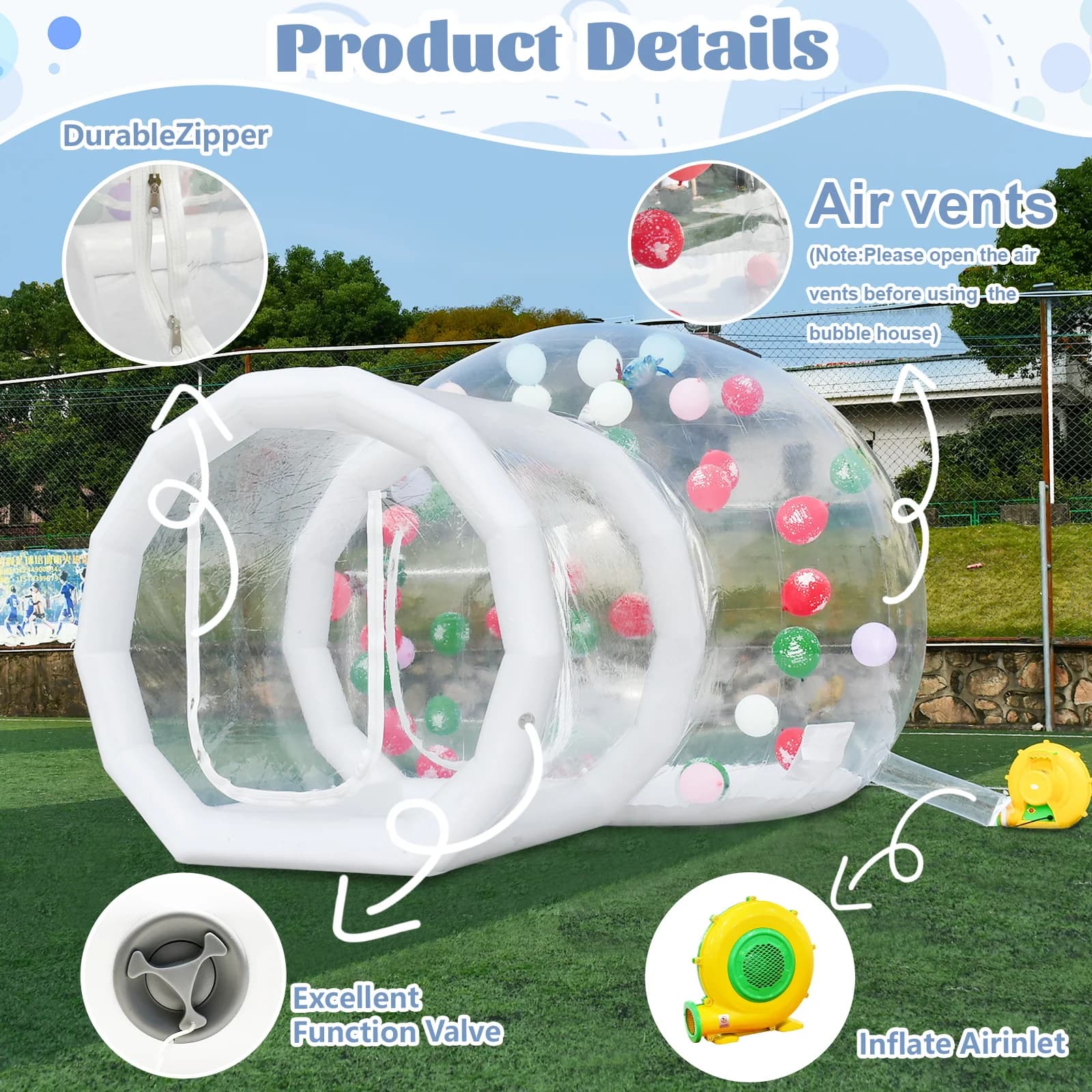 Opblaasbare bubbeltent met ballonnen, 3m transparante resortvilla, waterdichte transparante koepel, toeristische bubbelhotelkamer voor feestjes