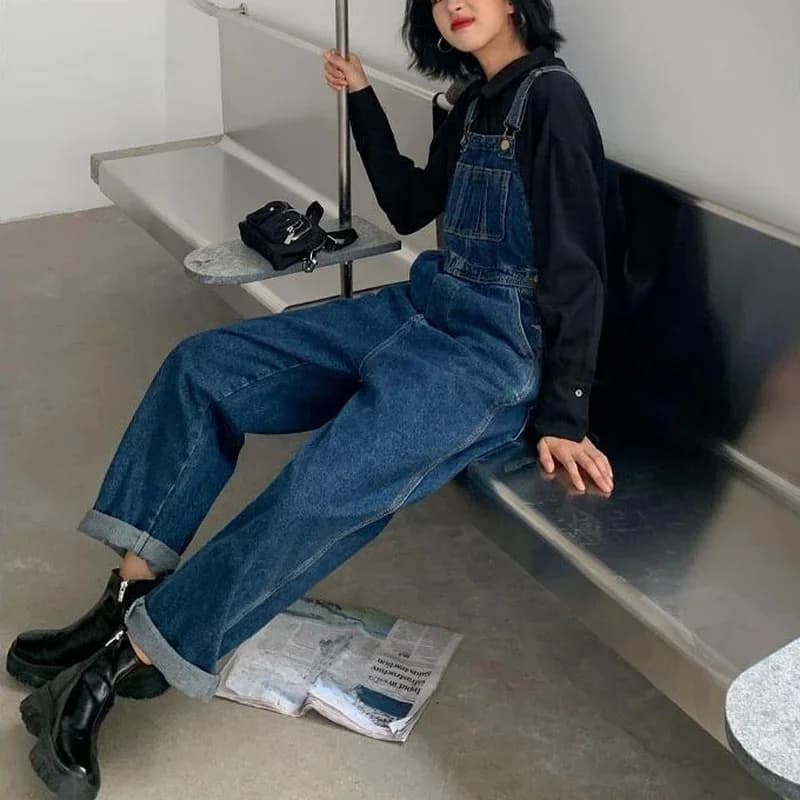 Jumpsuits Vrouwen Donkerblauw Vintage Streetwear Harajuku Casual Mode Hoge Taille Losse Overalls Ulzzang Denim Bretels Broek