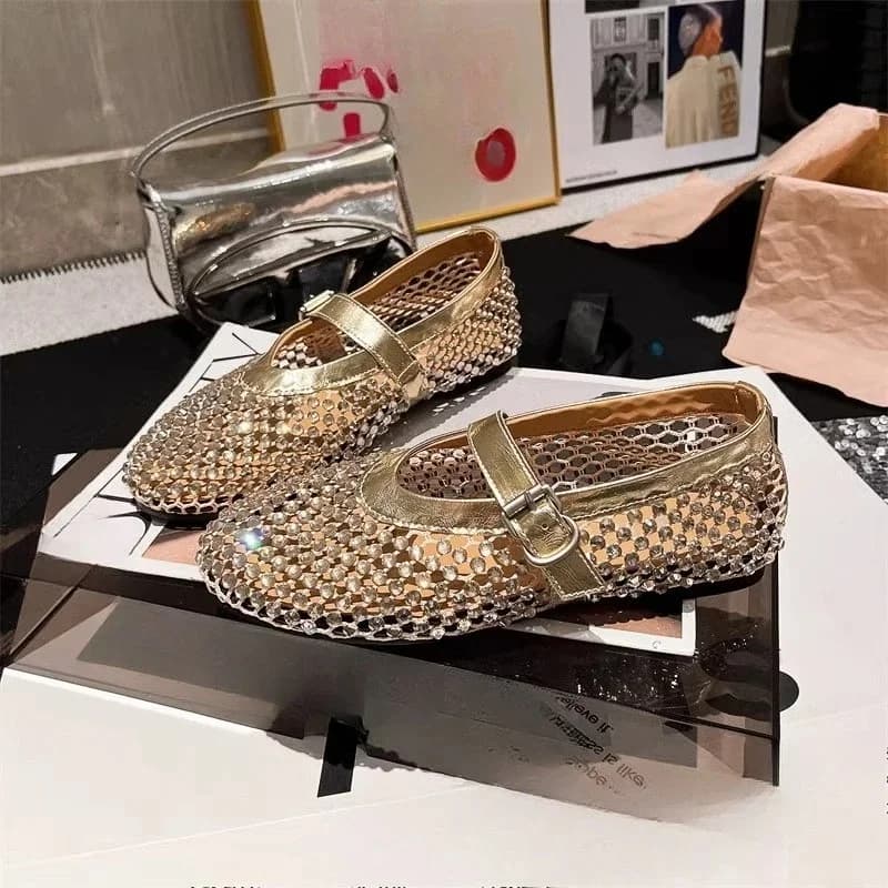 Mode Strass Eén Woord Mary Jane Uitsparing Mesh Ballet Visnet Schoenen Ronde Neus Ondiepe Mond Zachte Zool Flats