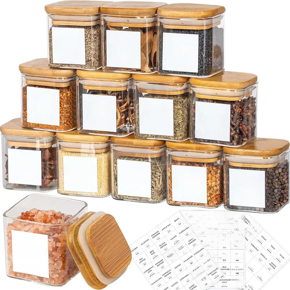 5Oz Glazen Potten Met Kruidenetiketten, Vierkante Kruidenpotten Met Bamboe Deksels/Stickeretiketten, Voedselopslagcontainers