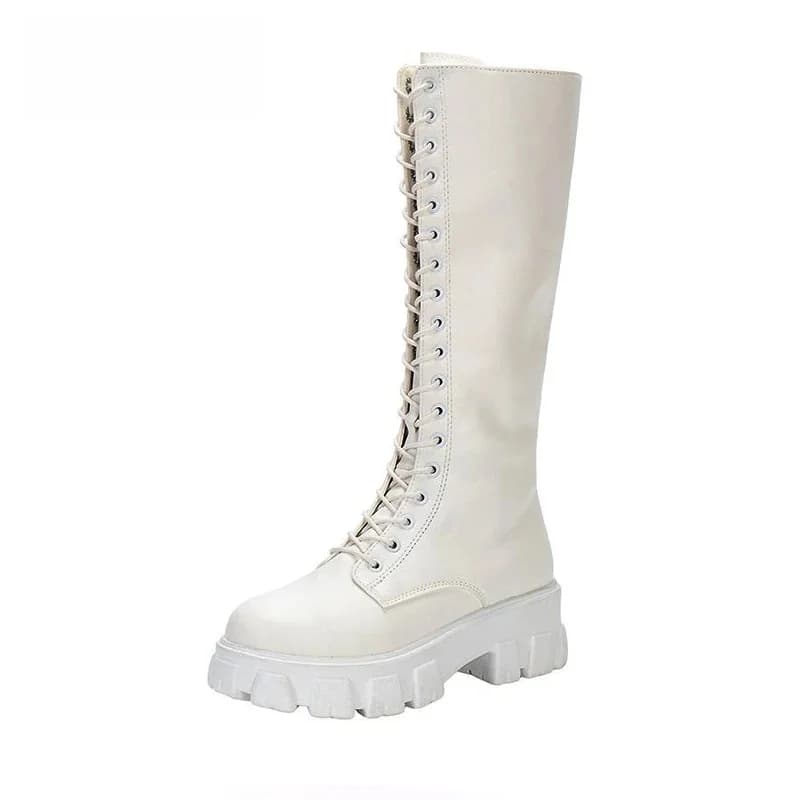 Aphixta 2026 Winter Schoenen Dames Lange Hoge Laarzen Wit PU Leer Kniehoge Laarzen Vrouwelijke Mode Lace Up Platform Botas Mujer