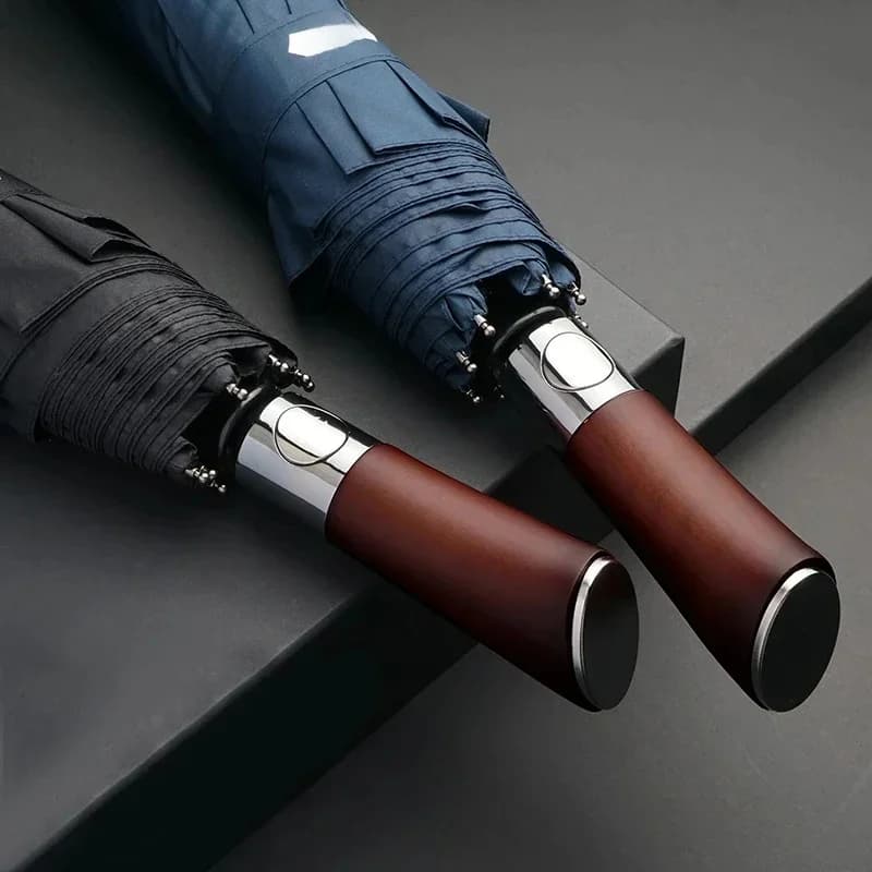 Luxe Merk Houten Handvat Automatische Regenparaplu Grote Vrouwen Man Bedrijf Sterke Windbestendige Zonnescherm Uv Zon Parasol 3 Keer
