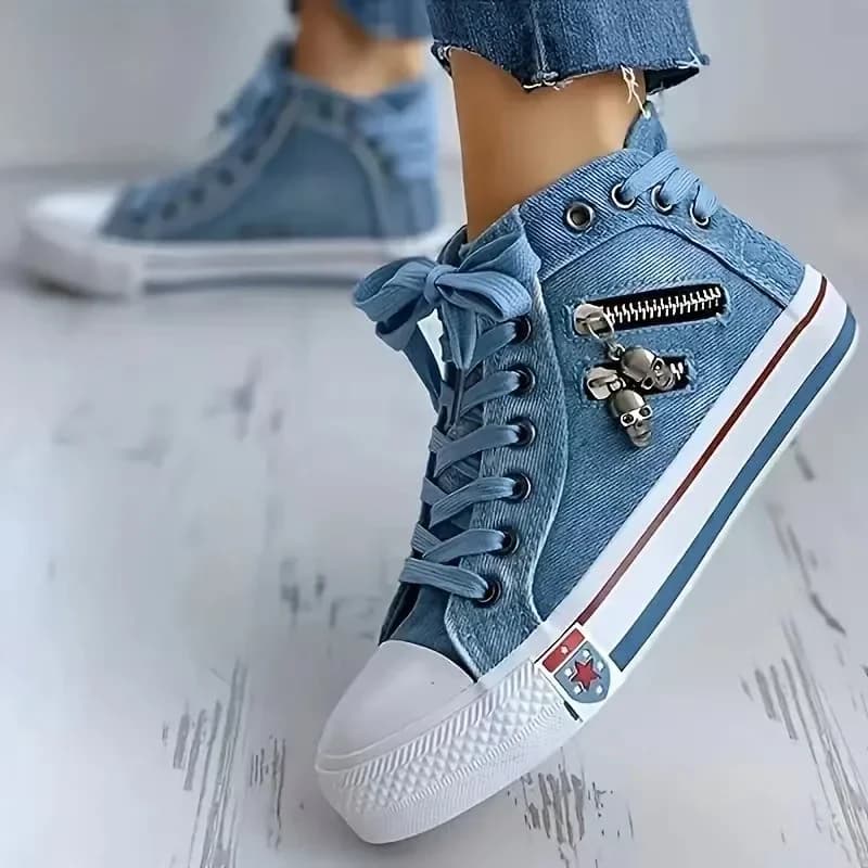 Damesschoenen Mode Denim Casual Schoenen Schedel Metalen Decoratie Dames Platte Sneakers Vintage Hoge Top Vrouwen Gevulkaniseerde Schoenen