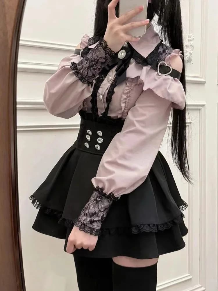Japanse Y2K Esthetiek Vintage Boog Jurk Shorts Set Vrouwen Gothic Lolita Stijl Lange Mouw Jurk Elegante Feestjurk Past