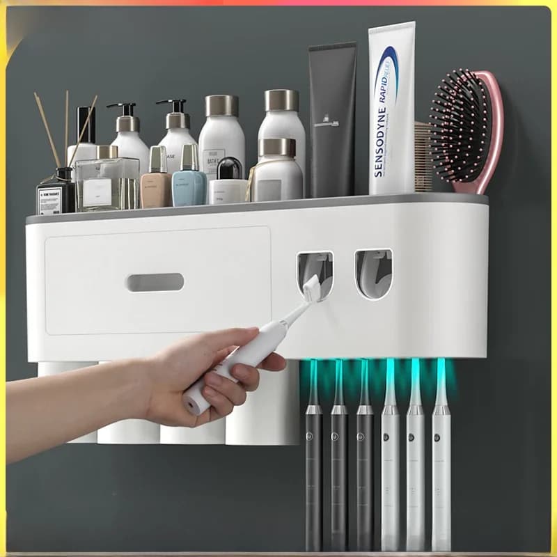 MENGNI-Magnetische Adsorptie Omgekeerde Tandenborstelhouder Muur-Automatische Tandpasta Knijper Opbergrek Badkamer Accessoires