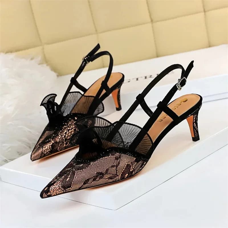 Vrouwen Dunne Hoge Hakken Kant Holle Mesh Puntschoen Sandalen Zomer Mode Elegante Groen Zilver Strass Slingback Schoenen