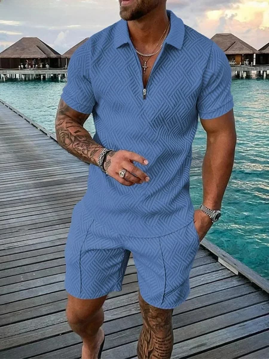 Nieuwe 2026 Heren Polo Pak Mode Mannen Sets Effen Zomer V-hals Rits Korte Mouw Polo Shirt + Shorts Twee stukken Mannen Casual Pak