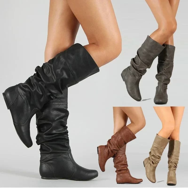 Vrouwen Leren Laarzen Mode Geplooide Wedge Lange Laarzen Ronde Neus Herfst Winter Effen Slip Op Schoenen Dames Hoge Laars Botas De Mujer