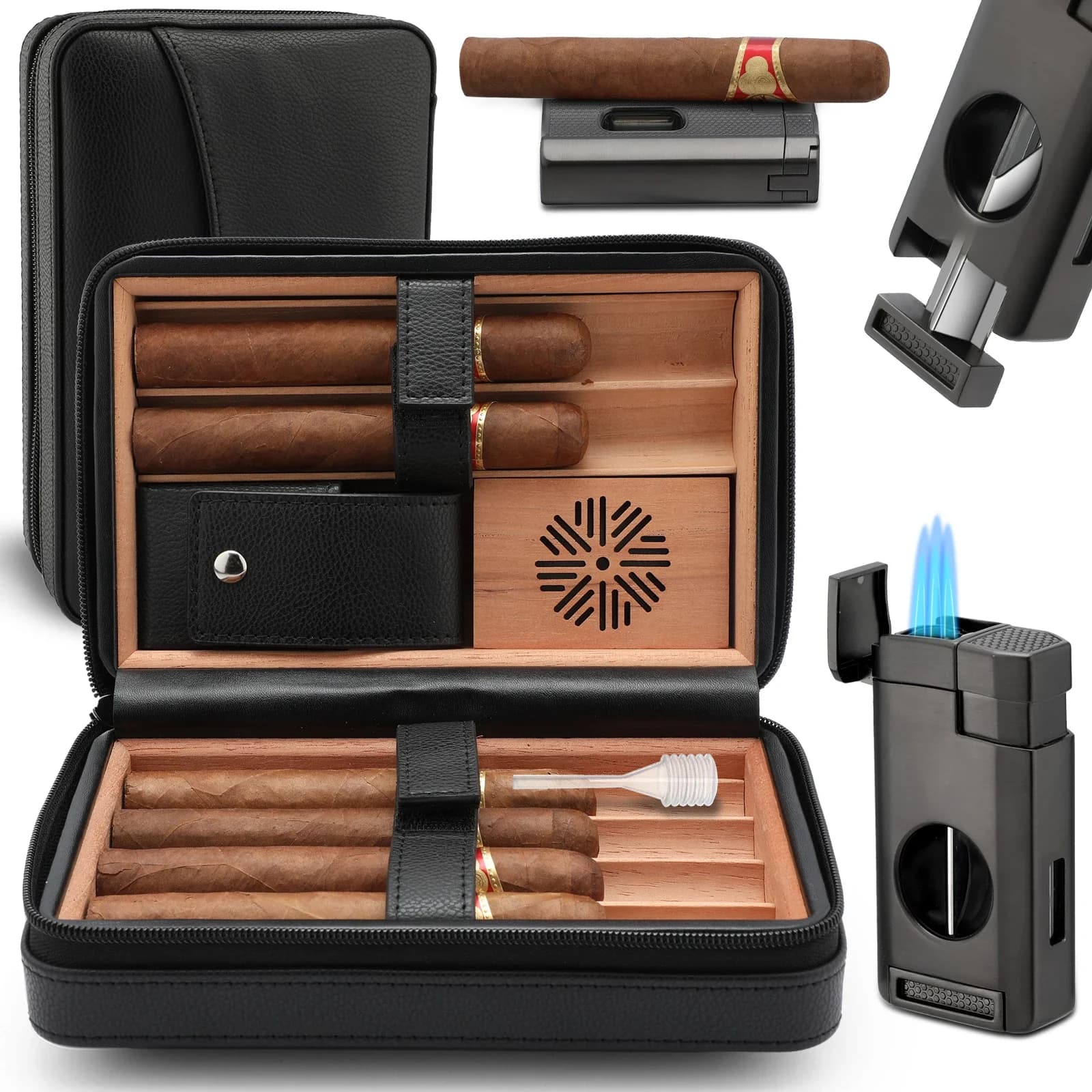 Cigaar humidor, leren cederhouten sigarenkist met sigaren aansteker, V-vormige sigarenknipper, sigarenhouder 3-in-1 reis humidor doos