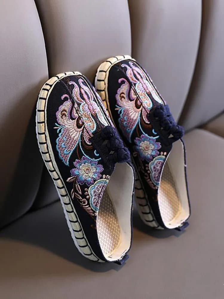 Platte Hakken Geborduurde Casual Slippers Voor Vrouwen Katoen Stof Etnische Slides Dames Gesloten Teen Retro Muilezels Outdoor Zomer Schoenen